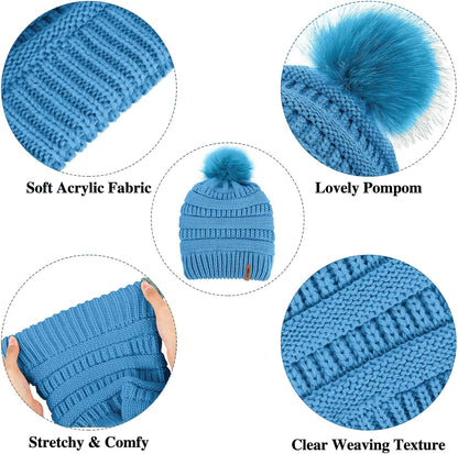 Womens Winter Warm Sets Knitted Fur Pompoms Beanie Hat Circle Loop Scarf Touch Screen Gloves Winter Favor Accessories