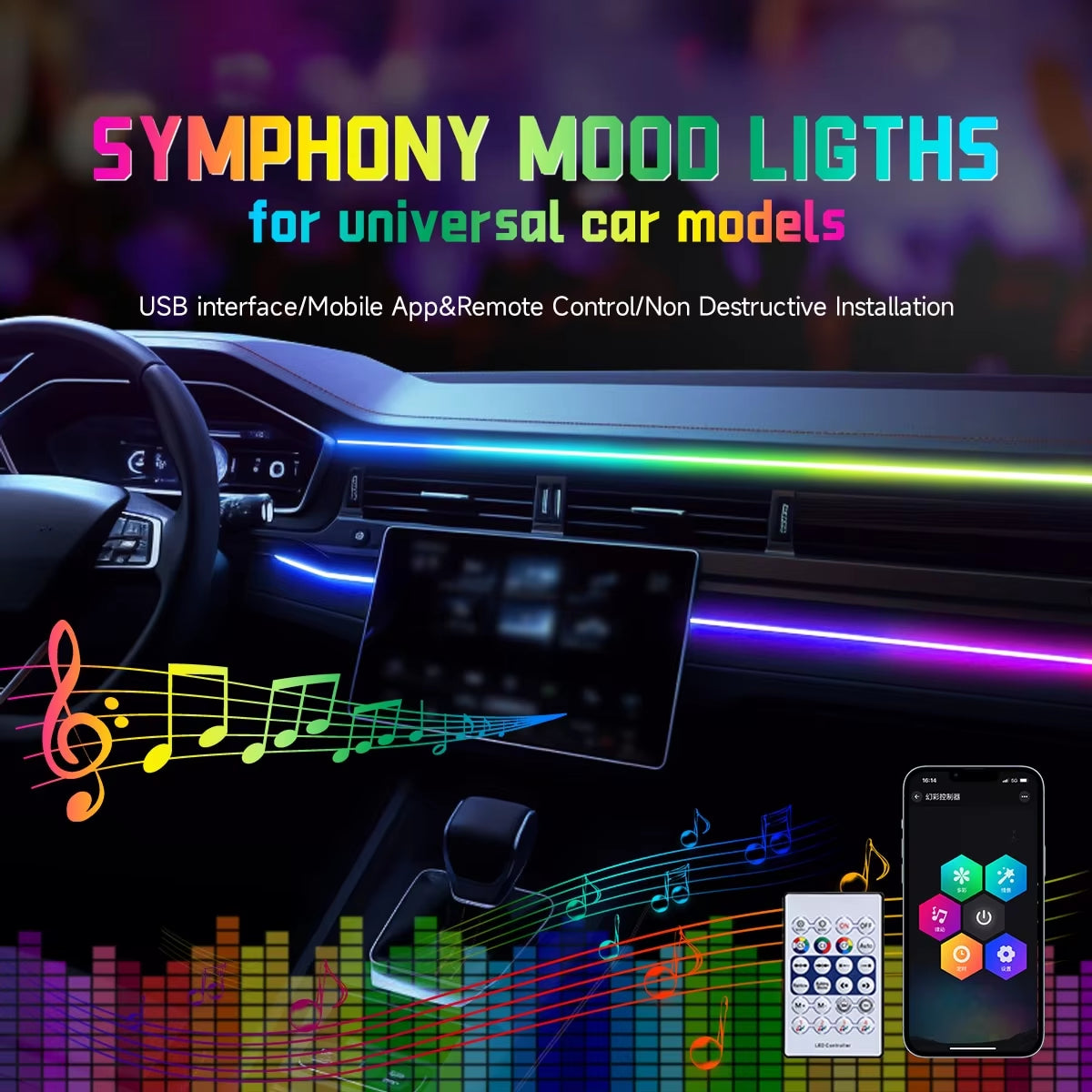 Car LED Ambient Light USB 64 Colors Acrylic Strips 110Cm Full Colors RGB Car Interior Hidden App Remote Control Atmosphere Lamp