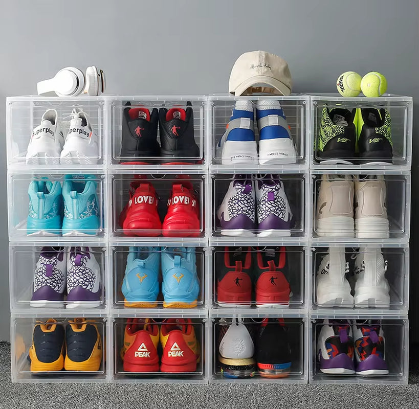 Wholesale 12-24Pcs Clear Magnetic Drop Shoe Box Solid Hard Plastick Sneaker Rack Storage Organizer Shelf Stackable Fit Aj&Jordan