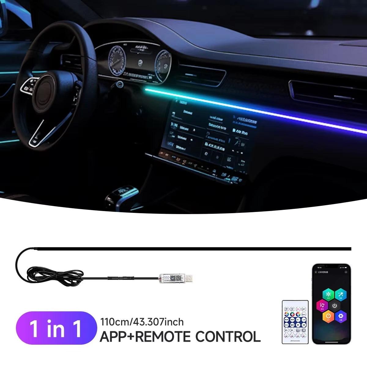 Car LED Ambient Light USB 64 Colors Acrylic Strips 110Cm Full Colors RGB Car Interior Hidden App Remote Control Atmosphere Lamp