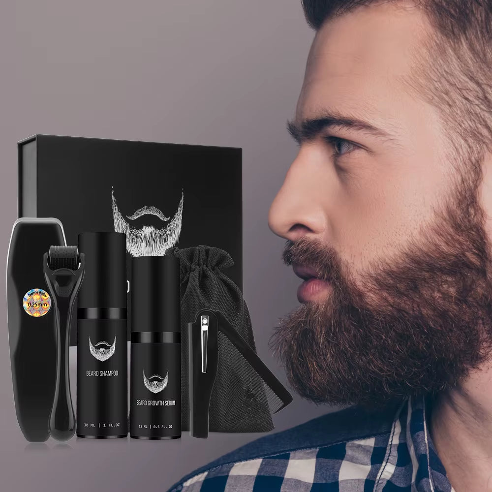 Beard Growth Kit for Men Facial Hair Growth Enhancer Thicker Oil with Massage Comb Micro Roller Nourishing Serum Beard Care