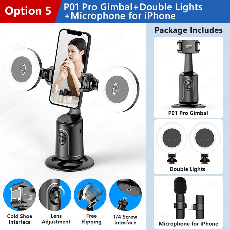 360 Rotation Gimbal Stabilizer for Cellphone AI following Face Tracking Desktop Gimbal PTZ for Tiktok Smartphone Live P01 Pro