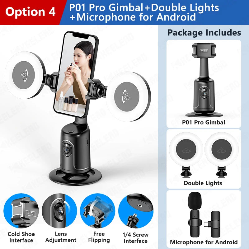 360 Rotation Gimbal Stabilizer for Cellphone AI following Face Tracking Desktop Gimbal PTZ for Tiktok Smartphone Live P01 Pro