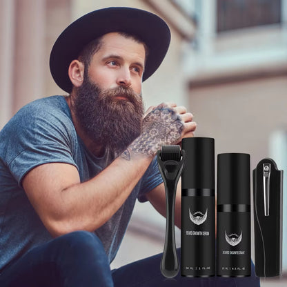 Beard Growth Kit for Men Facial Hair Growth Enhancer Thicker Oil with Massage Comb Micro Roller Nourishing Serum Beard Care