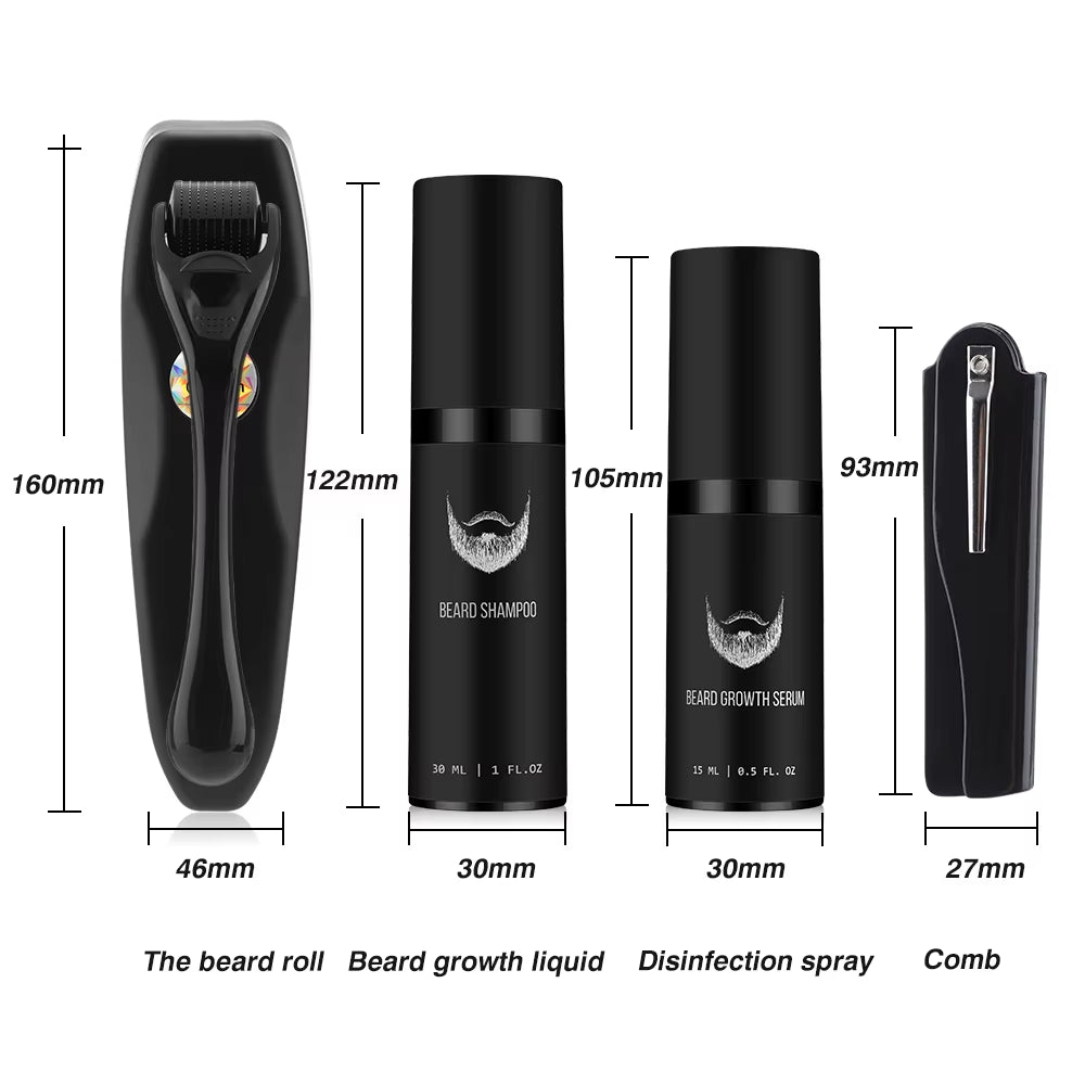 Beard Growth Kit for Men Facial Hair Growth Enhancer Thicker Oil with Massage Comb Micro Roller Nourishing Serum Beard Care