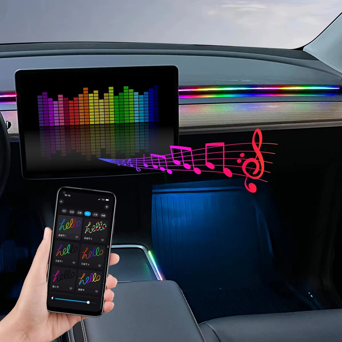 Car LED Ambient Light USB 64 Colors Acrylic Strips 110Cm Full Colors RGB Car Interior Hidden App Remote Control Atmosphere Lamp