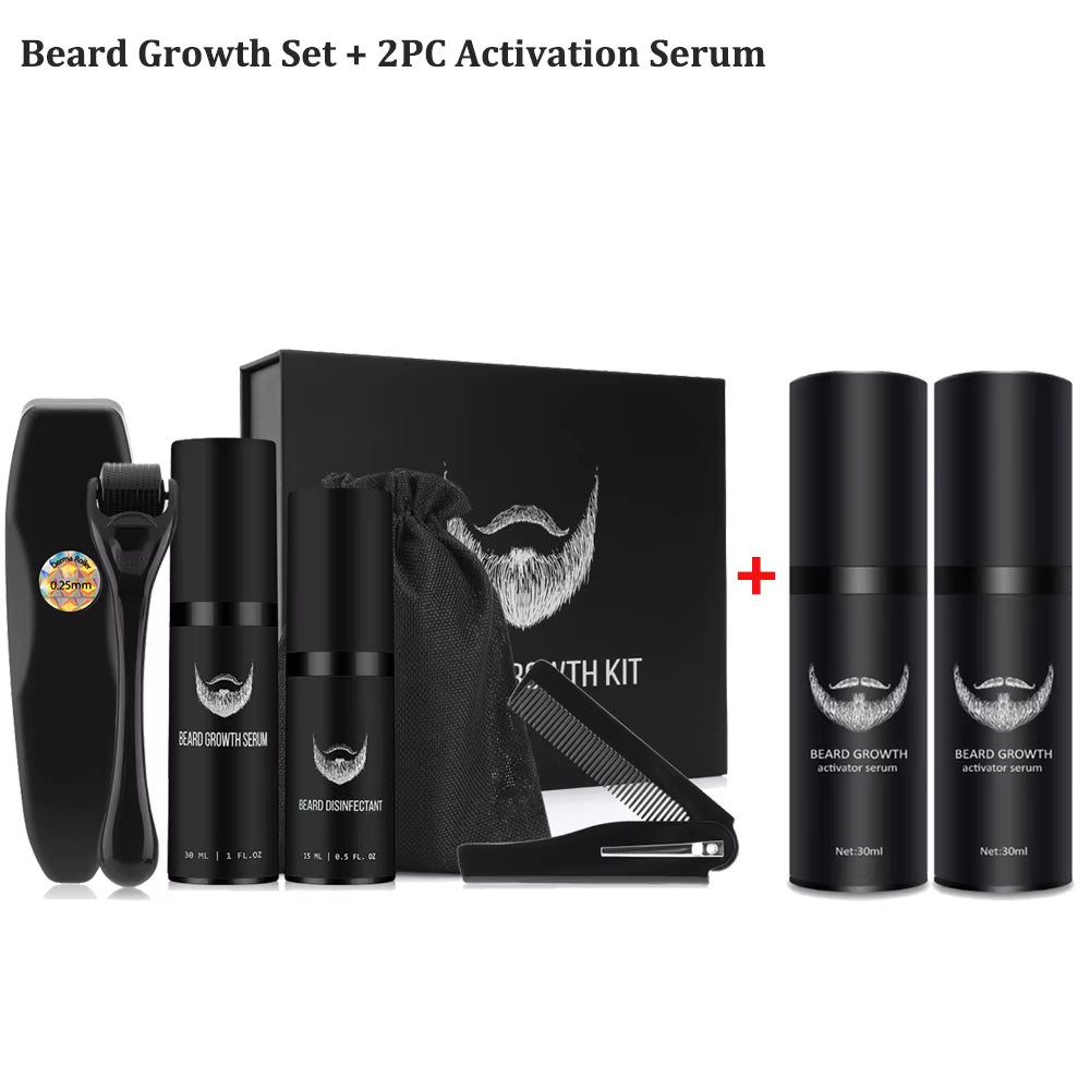 Beard Growth Kit for Men Facial Hair Growth Enhancer Thicker Oil with Massage Comb Micro Roller Nourishing Serum Beard Care