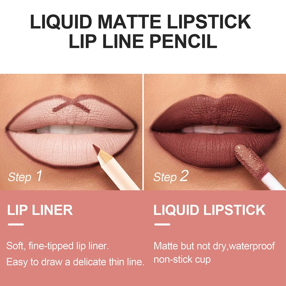 Colors Liquid Matte Lipstick and Lipliner Pack Set, Lip Tint Long Lasting 24 Hour Waterproof Velvet Nonstick Cup Lipgloss Lip Stain Pigmented Lip Makeup Gift Sets (1Pc 08#)