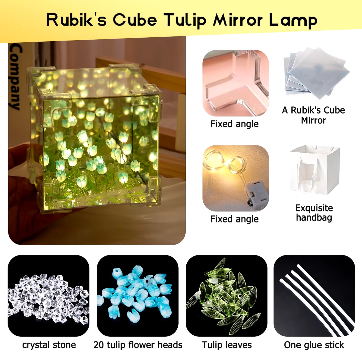 DIY Tulip Night Light Led Decorative Night Lamp Magic Cube Table Lamp and Mirror 2 in 1 for Birthday Gifts and Christmas Present