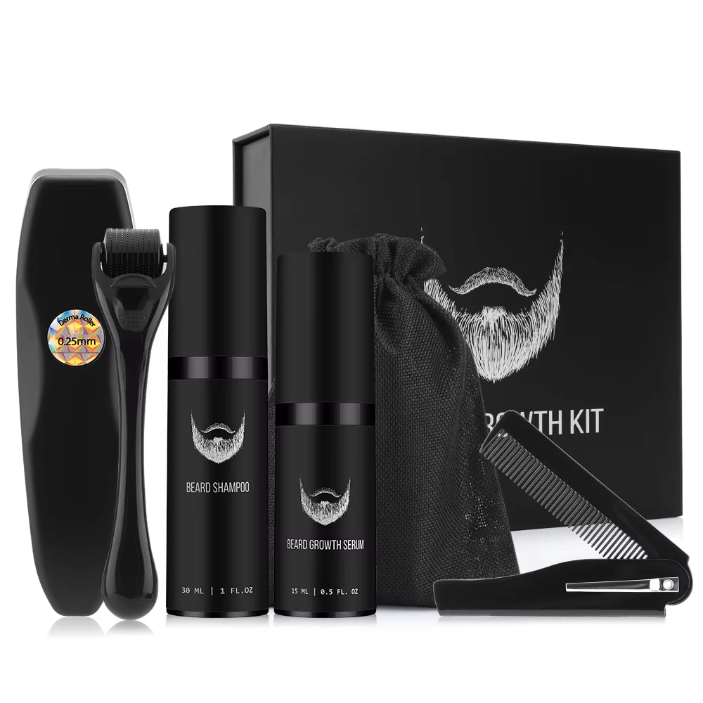 Beard Growth Kit for Men Facial Hair Growth Enhancer Thicker Oil with Massage Comb Micro Roller Nourishing Serum Beard Care