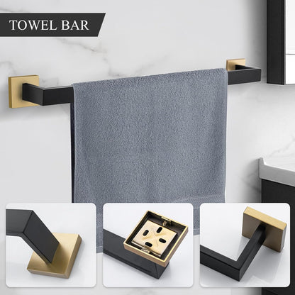 5-Piece Bathroom Hardware Set Black and Gold Towel Bar Sets Include 24 Inch Towel Bar Hand Towel Holder Toilet Paper Holder and 2 Towel Hooks,Stainless Steel Wall Mounted