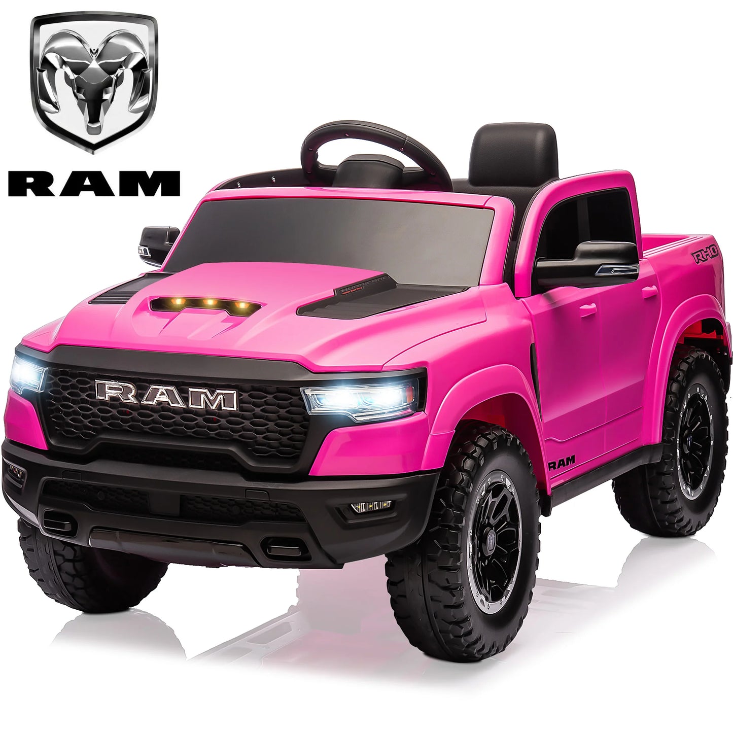 RAM Ride on Car, 12V Powered Ride on Toy with Remote Control, 4 Wheel Suspension, 5 Point Safety Belt, MP3 Player, Bluetooth, LED Lights, Electric Cars for 3-8 Years Boys Girls