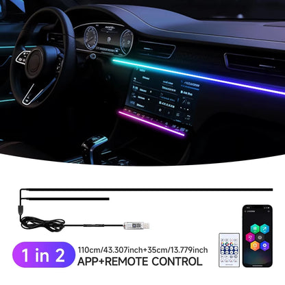 Car LED Ambient Light USB 64 Colors Acrylic Strips 110Cm Full Colors RGB Car Interior Hidden App Remote Control Atmosphere Lamp